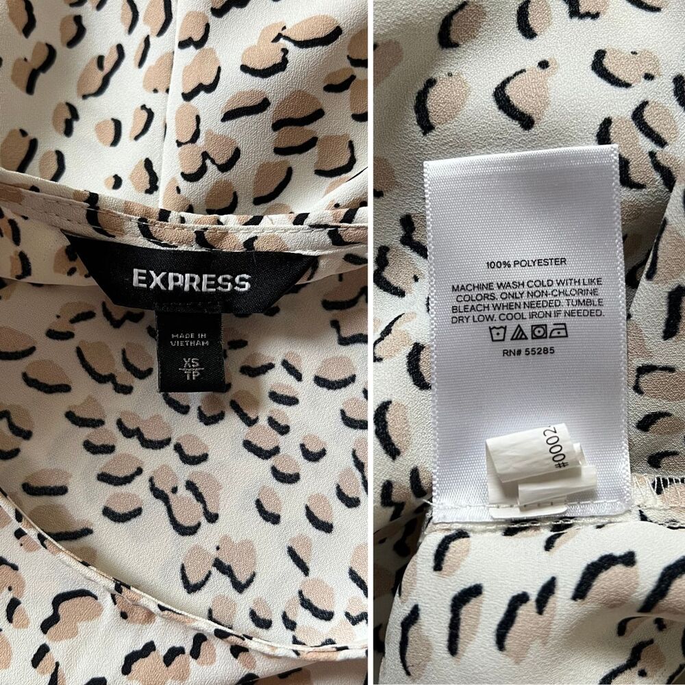 Express Leopard Animal Print Women's XS Black Tan Button Sleeve Cuff Flowy Top - Picture 11 of 12